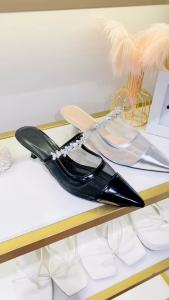 Guốc sục lưới đá HALEY STORE cao gót 5cm mũi nhọn quai đính đá quai xoàn lấp lánh tiểu thư công chúa đi tiệc đi chơi