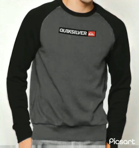 Jaket Sweater Crew Neck Quiksilver Bahan Kain Flecee Warna Abu-Abu Tua Kombinasi Hitam Ready Size S/M/L/XL/XXL