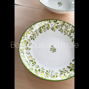 จานชามกลม จานชามเซรามิก จานชาม กระเบื้องเคลือบ ขนาด 8 นิ้ว ลายดอกไม้สีเขียว ทนทาน เข้าไมโครเวฟได้
