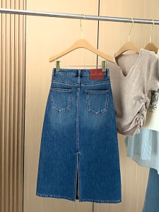 Rok Celah Pinggang Tinggi Panjang Biru Retro untuk Wanita 2024 Rok Pelangsing dan Panjang Baru