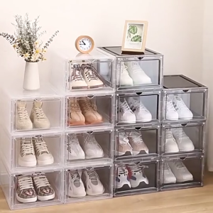 Plastic Shoe Box Acrylic Door Large Shoe Box Storage Organizer Magnetic Stackable Shoe Container