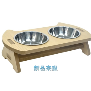 Boqi Factory ชามอาหารสัตว์เลี้ยง ใส่อาหารหมา แมว เอียง ตัวฐานเป็นไม้ ชามสแตนเลส HC0201