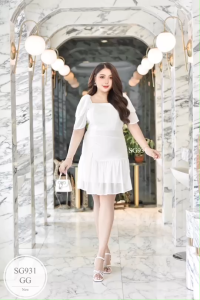 ES931 เดรสสาวอวบผ้าสกินนี่ แขนแต่งชีฟอง ล่างระบายชีฟอง หลังดึงยาง ซิบซ่อนหลัง