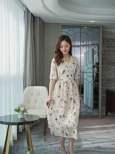 FRAN New V-neck floral dress for womens summer short sleeved elegant medium length dress