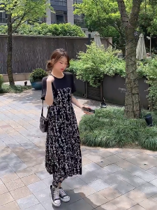 Womens Dresses fashion temperament high-waisted floral dress korean dress black dress for women