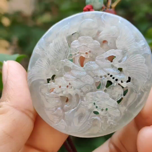 Highly Translucent Icy Natural Type A Jadeite Pendant Carved with Cranes Pine Trees and Bamboo meaning Endurance Perseverance and Never fading with Longevity certificate included weighs 28.38 grams 52.5 * 52.5 * 6.1 mm for collection (pendant90)