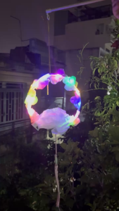 (CÓ ĐÈN LED) Lồng đèn Trung Thu Vòng tròn Thỏ Ngọc đính Hoa Lông Lá Trung Quốc DIY