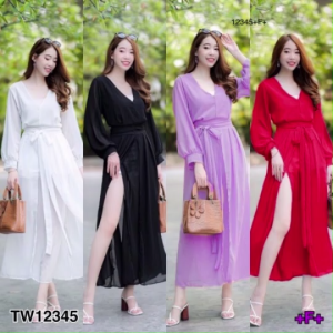 ฺB12345 เดรสชีฟองยาวผูกเอว Long chiffon dress tied at the waist