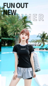 SURF READY STOCK 游泳衣女装 swimming suit for women sports style conservative 2 piece set split short sleeves and pant swimming wear beachwear swimsuit female two-piece beachwear plus size swimsuit women swimwear short pants ladies woman swimming suit