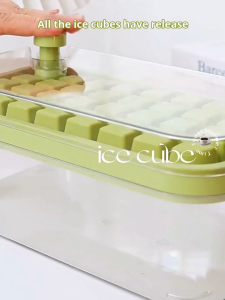 ODOROKU 32/64pcs One Press Release Ice Cube Tray with Lid Bin and Scoop Easy Release Ice Trays for Freezer Large Capacity Ice Tray Holder Whiskey Cocktail Ice Box Ice Jelly Mold Food Grade Quick Release Ice Cubes