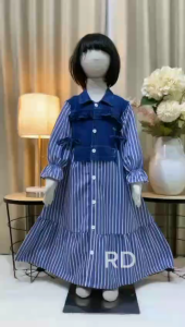 Dress salur mix jeans anak perempuan usia 3 - 10 tahun / baju dress semi gamis full kancing lengan karet