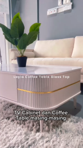 BETTY FURNITURE LAYLA Coffee Table & TV Cabinet Glass Top With Metal Leg / Meja Kopi / TV Cabinet