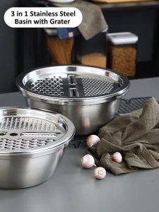 A-G 3-In-1 Vegetable Slicer Cutter Drain Basket Multifunctional Stainless Steel Kitchen Colanders Basin Fruit Mixing Bowl Set Salad Maker Bowl Kitchen  Washing Rice Sieve And Basin Basket Kitchen Tool Accessories