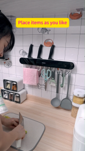 Ecoco Wall-mounted Knife Holder with Towel Rack and Hook Kitchen Organizer Multiple Knife Slots Strong Carrying Capacity