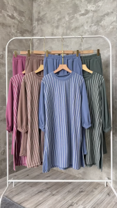Setelan Knit Wanita VIONA One Set Long Tunik Knit Mix Salur Premium Model Terbaru Kekinian