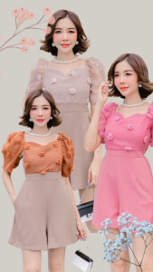 จั้มสูทขาสั้น เจ้าหญิง คอตตอน ปอมปอม S M L จัมสูทแฟชั่น มีไซส์สาวอวบ แบรนด์ไทย BELLA JS03