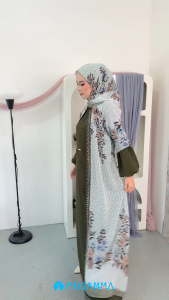 AMANDA DRESS - Gamis Ceruty Mix Ceruty Print Full Furing Busui dan Wudhu Friendly Kerudung Segi Empat