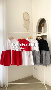 RIZUKA SHIRT - FLOTTILICIOUS / Kemeja Wanita Merah Putih Salur Stripe Ruffle Korean Style Fashion Outfit