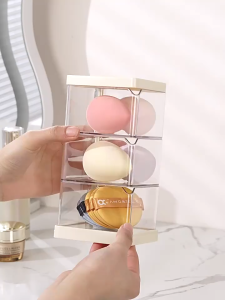 Rotating Puff Jewelry Storage Transparent Multi-Layer Cosmetic Storage Box with Lid Dustproof Acrylic Jewelry Box for Air Cushion Beauty Egg Necklace Earring Bracelet Rings Plastic Tray for Women Girls