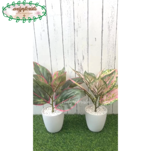 Pohon Artificial Pohon Hias Daun Aglonema Lipstick Variasi Hijau & Pink Pot Melamin Hiasan Sudut Ruang Tamu