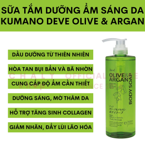 Sữa tắm dưỡng ẩm sáng da Kumano Deve Olive and Argan Body Soap 800ml Nhật Bản