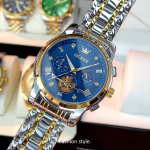 OLEVS ใหม่ของแท้นาฬิกาผู้ชายกันน้ำแฟชั่นข้างขึ้นข้างแรมปฏิทินนาฬิกาควอทซ์ส่องสว่างมัลติฟังก์ชั่หน้าปัดสายสแตนเลสนาฬิกาลำลอง mens watch