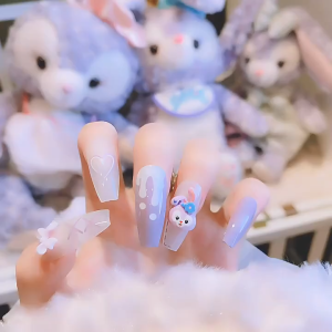 24Pcs/Box Cute Rabbit Fashion Fake Nails Finished Nail Patch Wearable Nails StellaLou 紫色兔子可爱星黛露长款美甲成品穿戴式假指甲可拆卸甲片穿戴甲X71