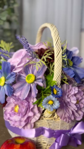 Hoa Giả Giỏ Hoa Lụa Giả Mây Đan Trang Trí Nhà Cửa Văn Phòng Làm Đạo Cụ Chụp Ảnh- (Mẫu 9-Dáng Tròn Tông Tím)