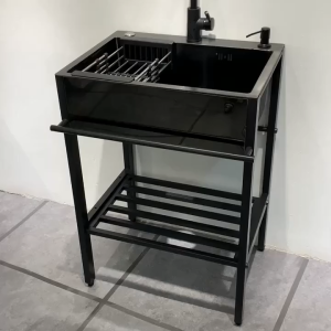 Kitchen Nano Sink Basin Vegetable Washing Basin Kitchen Stainless Steel Sink Black Sink with Stand Single Sink Household Integrated Floor Type Double Slot Stainless
