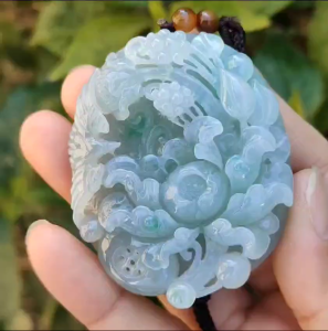 Green with Bluish Green Hue Natural Type A Jadeite Pendant Necklace crafted with Bird and flowers symbols of Auspiciousness blessing Nature and vitality certificate included weigh 69.39 grams 55.2 * 45.8 * 15.8 mm suitable for collection (pendant49)