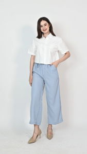 QUEENTIN Kemeja Pocket Crop Wanita 88020 Jeans Wash Polos Lengan Pendek