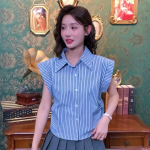 Áo Sơ Mi Nữ Mùa Hè Mới Phong Cách Hàn Quốc Dáng Rộng Thiết Kế Hốc Áo Không Tay Retro Sọc Cổ Polo