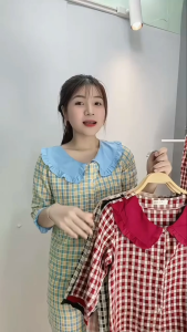 (Bunnysky) Đồ bộ mặc nhà nữ bộ thu đông kẻ caro thiết kế cổ tiểu thư phối bèo xinh xỉu