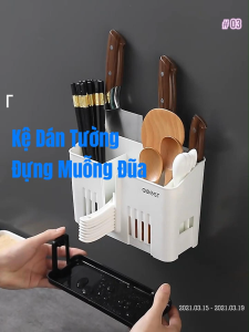 Kệ dán tường đựng muỗng đũa nhiều ngăn khe cắm dao có khay hứng nước - Kệ nhà bếp để đồ có học ngăn