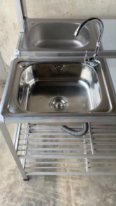 ซิงค์ล้างจาน หลุมสแตนเลส ข้างกระเบื้อง ไม่ต่อบน ขนาด 90 ซม. อ่างล้างจาน แถมก๊อก499