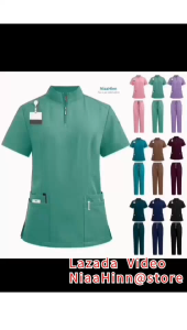 Scrub Suit for Women Nurse Uniform Dental Clinic Uniform Hospital Scrub Elastic Wrinkle Resistant Breathable Scrub Suit Set with cargo pants Doctor Nurse Uniform【Zipper Chinese Collar Top+ Straight Cut Pants】