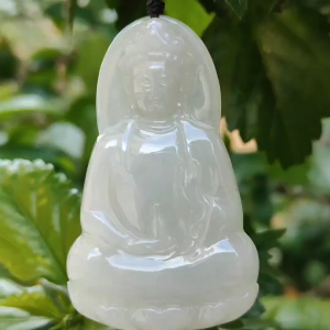 Semi Icy Natural Type A Jadeite Pendant carved as Guanyin with certificate weighs 23.87 grams 60.3 * 37.1 * 6.2 mm represents Compassion wisdom and peace suitable for daily wear (pendant83)