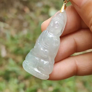 Icy Translucent Natural Type A Jadeite Jade crafted as Buddha with 18k gold clasp as Pendant certificate weighs 6.78 grams measurement 41.3 * 17.8 * 6.2 mm (18kp44)