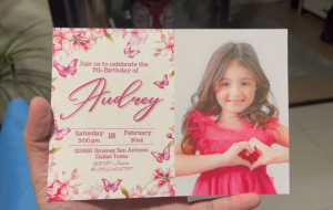 Pink Butterfly Flowers Girl Birthday Christening Invitation Card with Envelope - Personalized - Customized - 5r