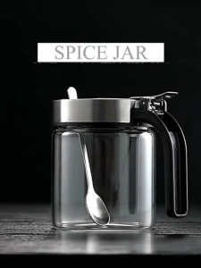 Kitchen Stainless Steel Lid Borosilicate Seasoning Glass Jar Container with Spoon Easy Open Flip Lid Condiment Storage