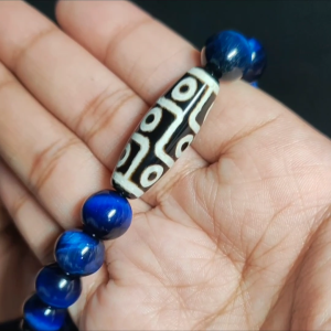 Nine Eye DZI Tibetan Agate stone with Blue Tiger Eye stones Lucky Charm Bracelet for Confidence strength courage success and wealth.