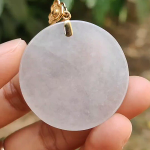 Mid-Year Special - Semi Icy Translucent Natural Type A Jadeite Jade crafted with round shape as Pendant with 18k Gold Clasp certificate weigh 18.24 grams measurement 35.2 * 5.5 mm (18kp32)
