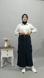 rok jeans cargo wanita terbaru saku samping muat bb 40-80