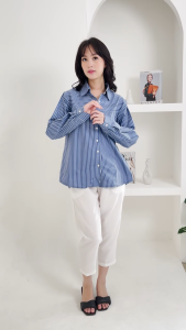 QUEENTIN Kemeja Casual Wanita 0613 Katun Turkey Salur Lengan Panjang