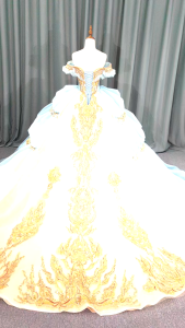 Dress Ballgown Biru Emas / Wedding Gown Pernikahan / Gaun Gold Pernikahan Ekor Mewah