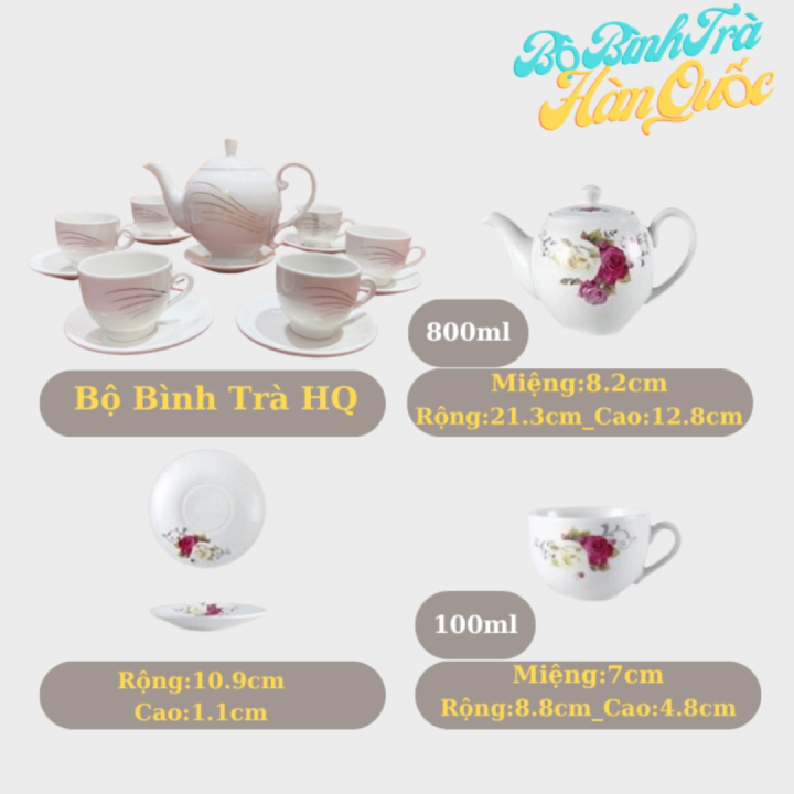 Bộ tách trà sứ gồm 1 ấm trà, 6 ly quai sứ, 6 dĩa đựng ly,bộ bình trà ...