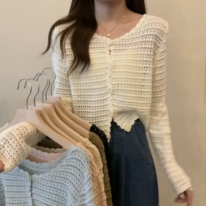 Kardigan Rajutan Wanita Baru Kemeja Pelindung Matahari Lengan Panjang Wanita Berongga Musim Panas