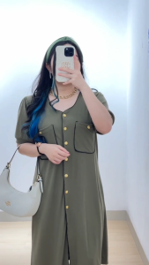 6201 Krystal Pocket Button Knit Midi Dress Wanita Kasual