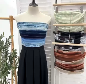 Summer Tie Dye Strapless Camisole Top Women Mesh Chic Pleats Sleeveless Slim Tube Top AS