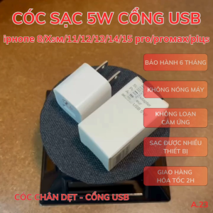 [FULLBOX] Củ sạc điện thoại 5W cổng Usb cho 5/67/8/X/Androi//Tai nghe/Loa/Pin dự phòng... - A23 - Chân dẹt - Bảo hành 6 tháng